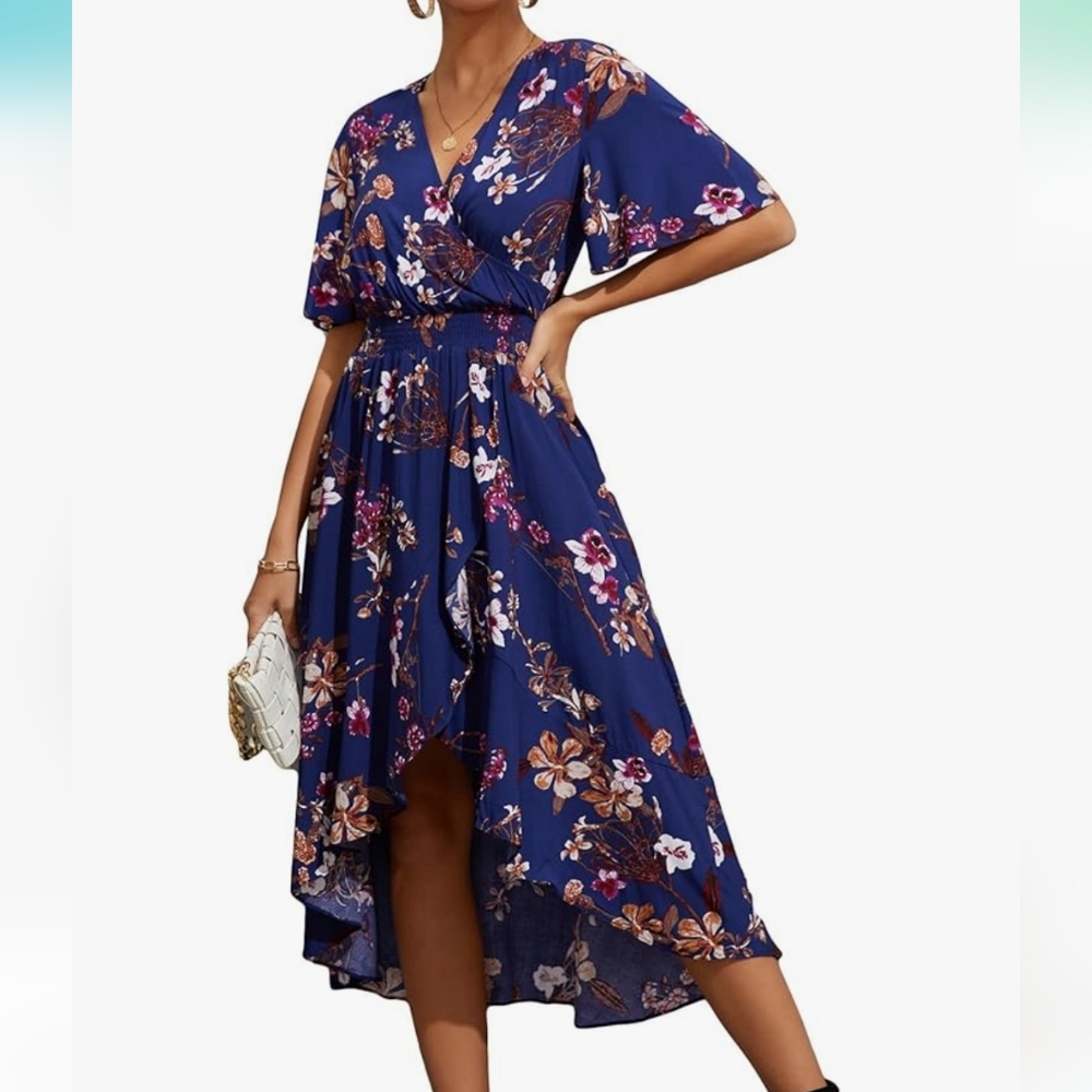 Women's Floral High Low Dress - Blue